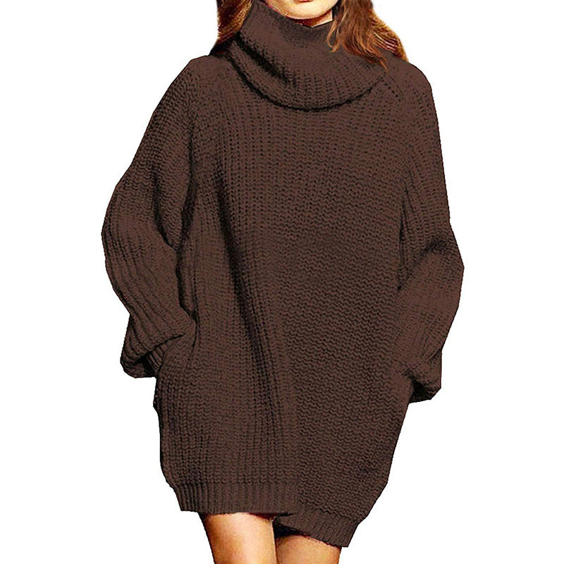 Damen Grobstrick Pulloverkleid mit hohem Kragen und lässigem Schnitt EB