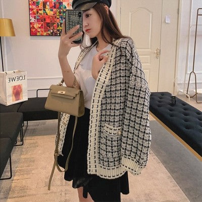 Damen Lässiger Strickcardigan im modernen Karomuster mit oversized Passform EB