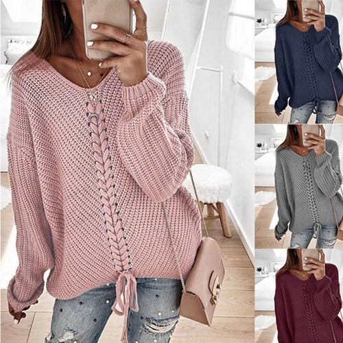Damen Grobstrickpullover mit innovativem Kordeldetail EB