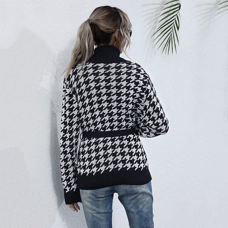Damen Stilvolle Strickjacke mit Bindegürtel im Hahnentritt-Muster EB