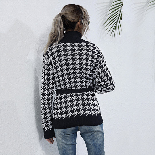 Damen Stilvolle Strickjacke mit Bindegürtel im Hahnentritt-Muster EB