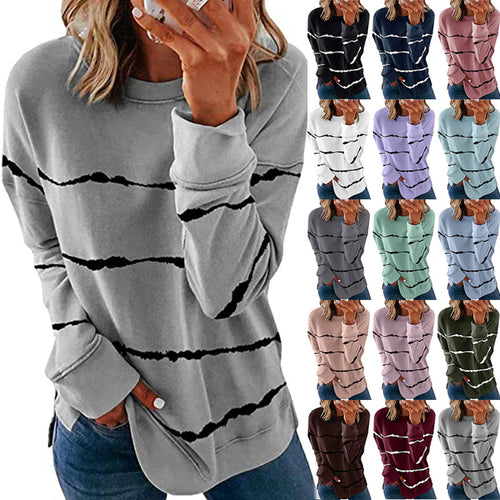 Damen nan lässiges Oversize-Sweatshirt mit wellenförmigem Streifenmuster Rundhals Seitenschlitzen und gerundetem Saum EB