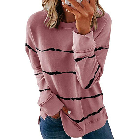 Damen nan lässiges Oversize-Sweatshirt mit wellenförmigem Streifenmuster Rundhals Seitenschlitzen und gerundetem Saum EB