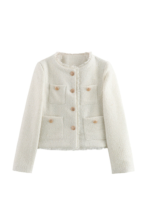 EB | Rosiedress Button Up Frayed Hem Kurze Tweedjacke