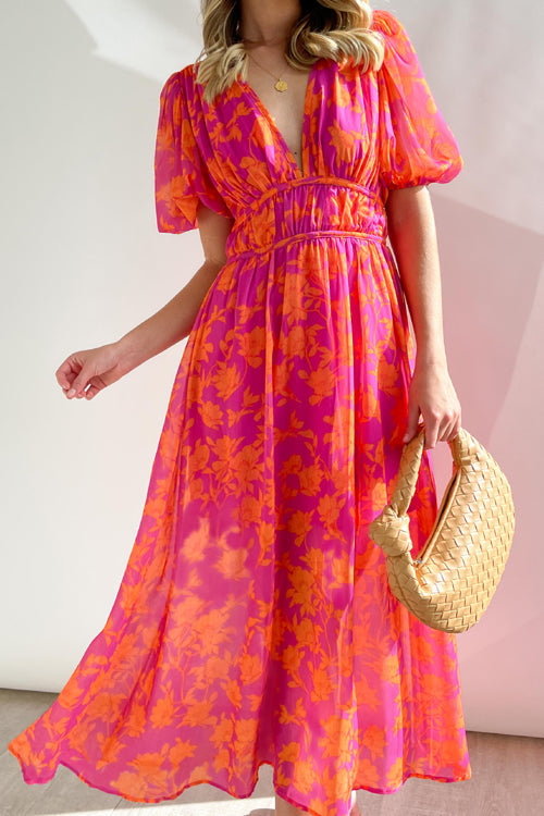 EB | Real Love Print Puffärmel Maxi Kleid