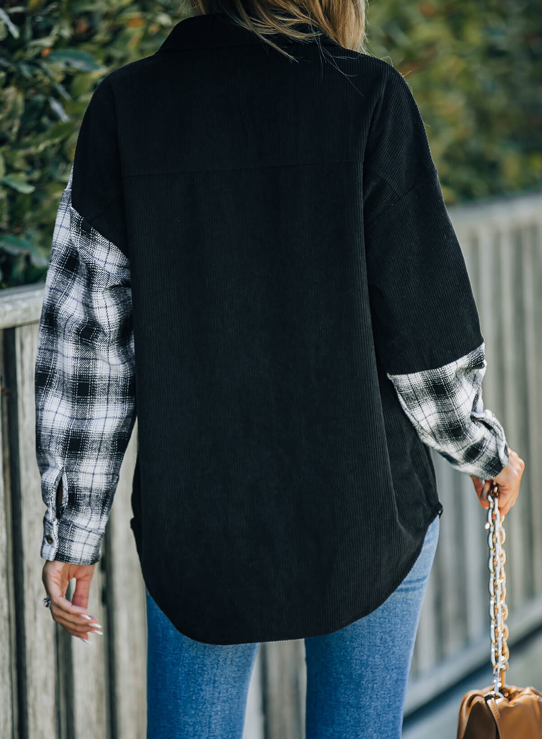 EB | Karierte Farbblock Gefallen Schulter Corduroy Shacket