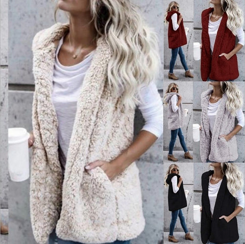Damen nan flauschige Teddyweste mit Schalkragen und Eingrifftaschen EB