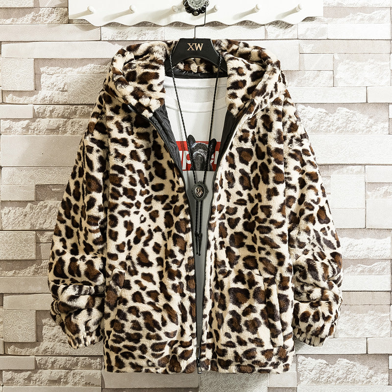 Damen kuschelige Fleecejacke mit Leopardenmuster und Kapuze EB