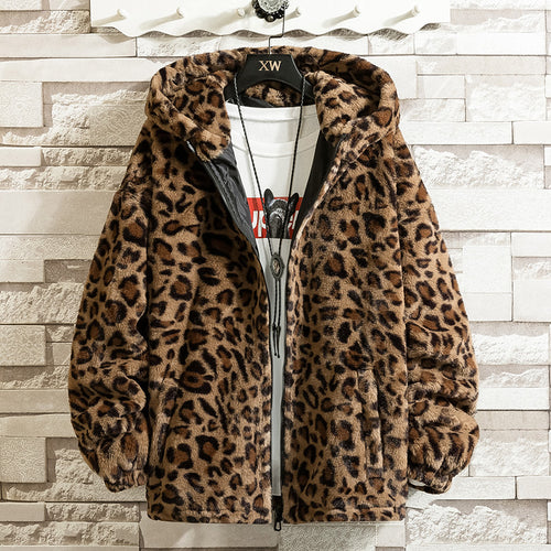 Damen kuschelige Fleecejacke mit Leopardenmuster und Kapuze EB