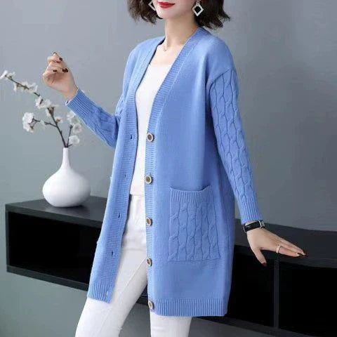 EB | Cardigan-Pullover Wollstrick Lockere Passform Kabelärmeln Mittellang Knopffront