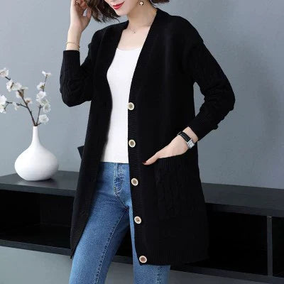 EB | Cardigan-Pullover Wollstrick Lockere Passform Kabelärmeln Mittellang Knopffront