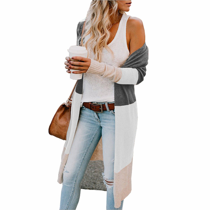 Damen lässiger Strickmantel mit Farbblock-Design und offenem Schnitt EB