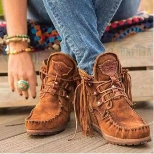 Damen Mokassin-Stiefel mit fransigem Design und handgefertigter Verarbeitung EB