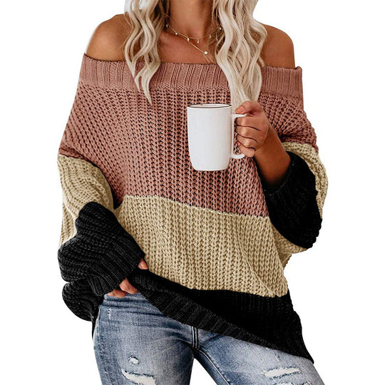 Damen lässiger Grobstrickpullover mit Off-Shoulder Design und dekorativer Farbkombination EB