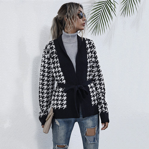 Damen Stilvolle Strickjacke mit Bindegürtel im Hahnentritt-Muster EB