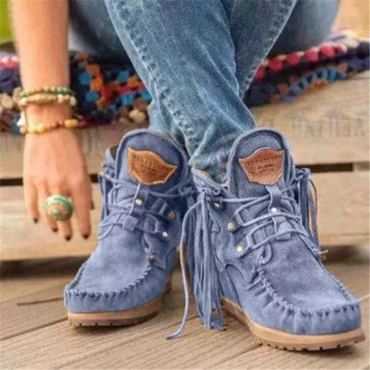 Damen Mokassin-Stiefel mit fransigem Design und handgefertigter Verarbeitung EB