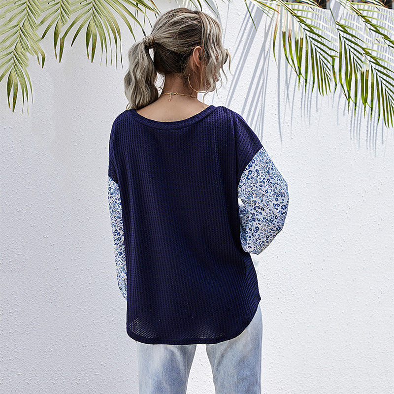 Damen lässiger Strickpullover mit voluminösen Ärmeln und floralem Design EB