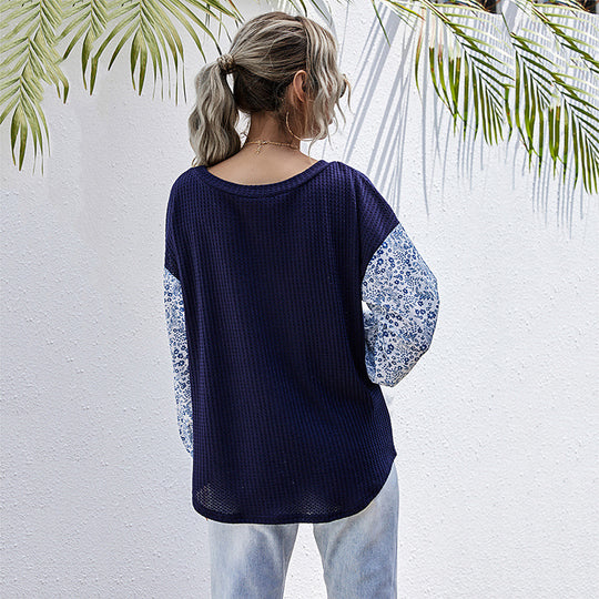 Damen lässiger Strickpullover mit voluminösen Ärmeln und floralem Design EB