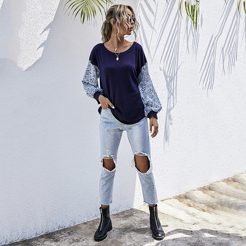 Damen lässiger Strickpullover mit voluminösen Ärmeln und floralem Design EB