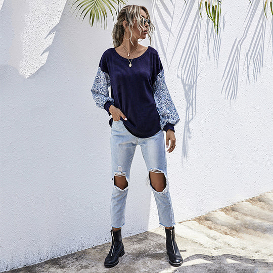 Damen lässiger Strickpullover mit voluminösen Ärmeln und floralem Design EB