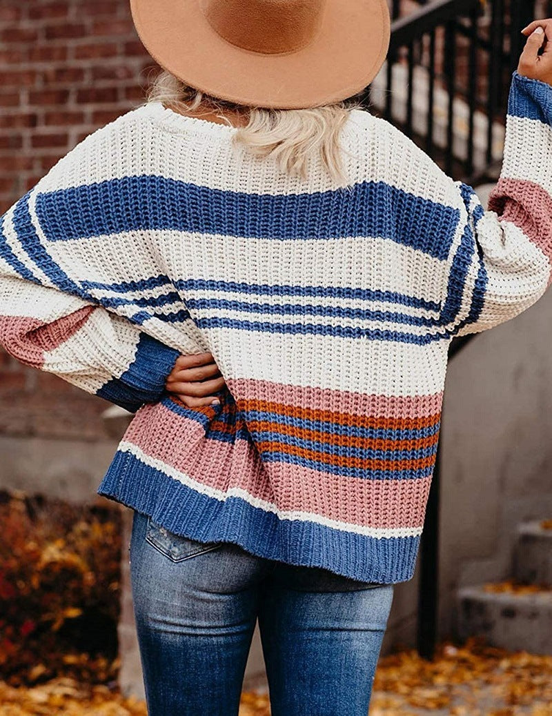 Damen lässiger Strickpullover mit hohem Schnitt und raffiniertem Streifenmuster EB