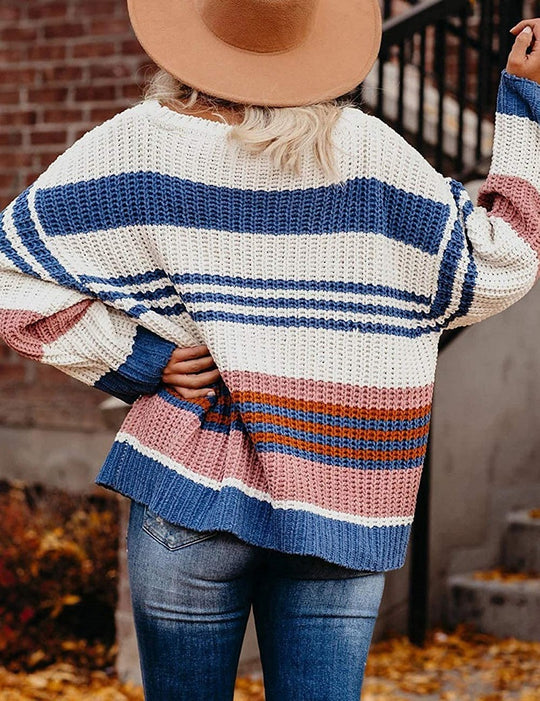 Damen lässiger Strickpullover mit hohem Schnitt und raffiniertem Streifenmuster EB