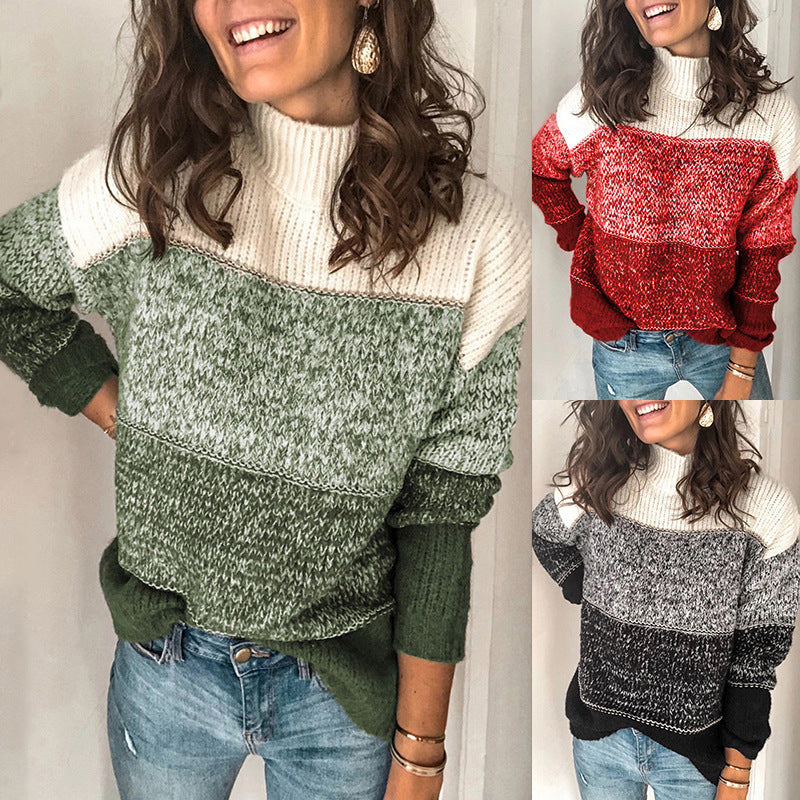 Damen Grobstrickpullover mit hohem Kragen und mehrfarbigem Muster EB