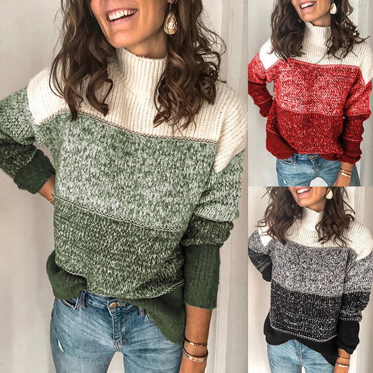 Damen Grobstrickpullover mit hohem Kragen und mehrfarbigem Muster EB
