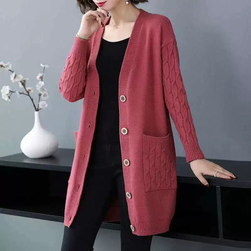 EB | Cardigan-Pullover Wollstrick Lockere Passform Kabelärmeln Mittellang Knopffront