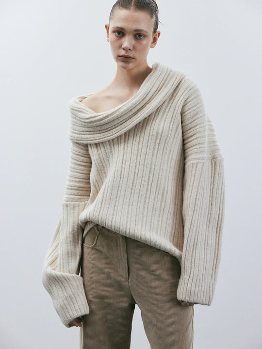 EB | Übergröße Passform Gerippte Strick Wolle Off-Shoulder Design