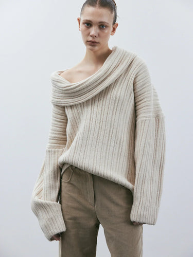 EB | Übergröße Passform Gerippte Strick Wolle Off-Shoulder Design