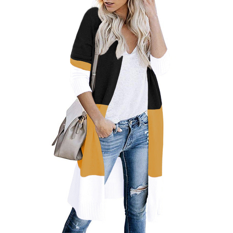 Damen lässiger Strickmantel mit Farbblock-Design und offenem Schnitt EB