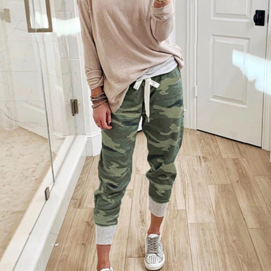Damen nan lässige Camouflage Jogginghose mit Kordelzug und gerippten Bündchen EB