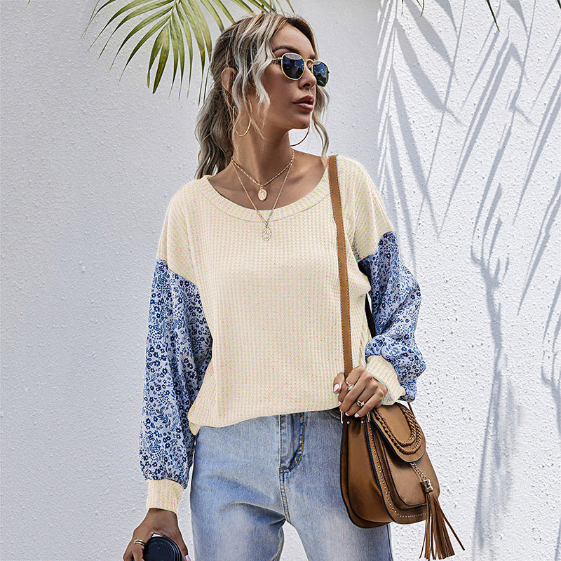 Damen lässiger Strickpullover mit voluminösen Ärmeln und floralem Design EB