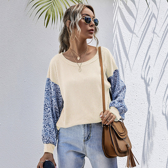 Damen lässiger Strickpullover mit voluminösen Ärmeln und floralem Design EB