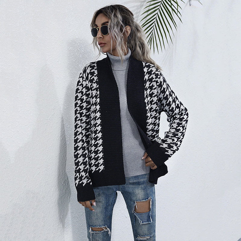 Damen Stilvolle Strickjacke mit Bindegürtel im Hahnentritt-Muster EB