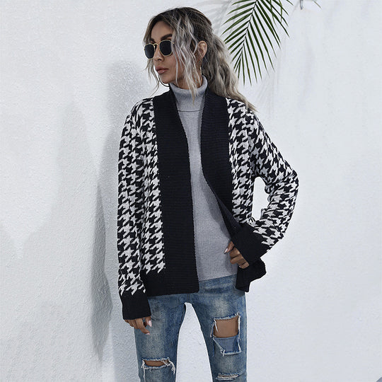 Damen Stilvolle Strickjacke mit Bindegürtel im Hahnentritt-Muster EB