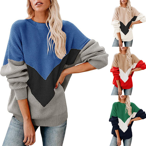 Damen Grobstrickpullover mit V-förmigem Farbdesign EB