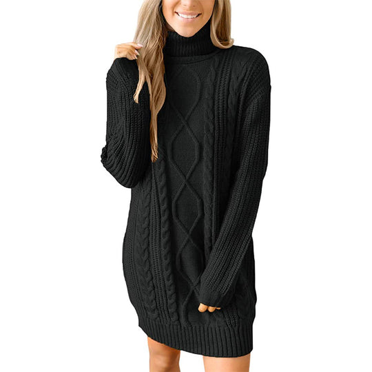 Damen Grobstrick Pulloverkleid mit traumhaftem Zopfmuster und hohem Kragen EB