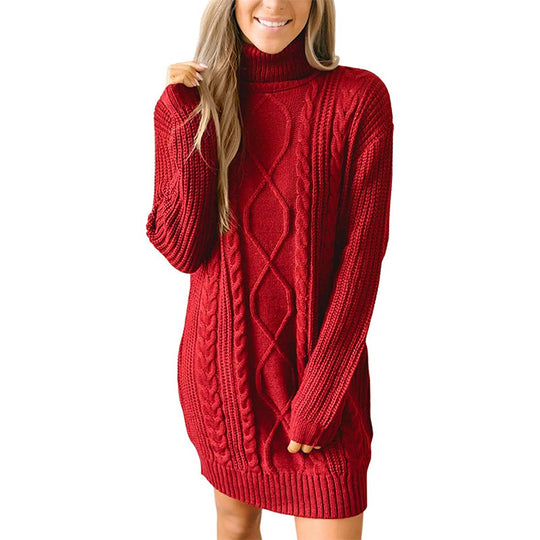 Damen Grobstrick Pulloverkleid mit traumhaftem Zopfmuster und hohem Kragen EB