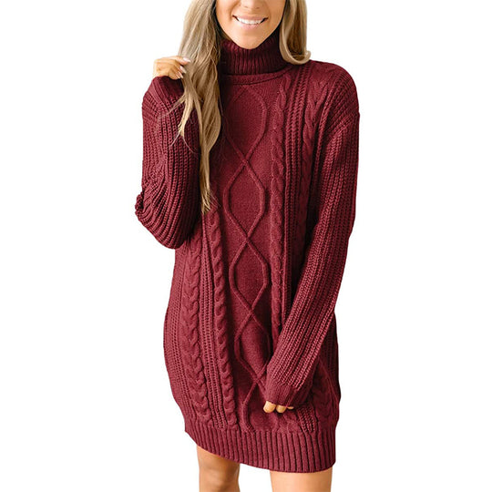 Damen Grobstrick Pulloverkleid mit traumhaftem Zopfmuster und hohem Kragen EB