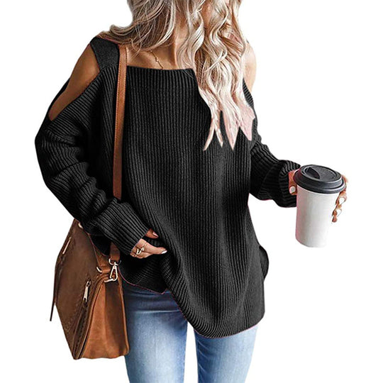 Damen lässiger Strickpullover mit schulterfreier Ausschnittführung EB