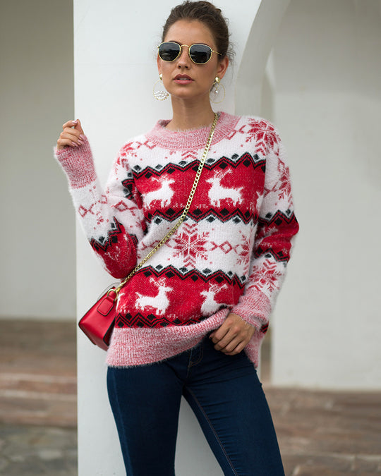 Damen Gemusterter Strickpullover mit weichem Fellgefühl EB