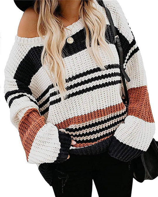 Damen lässiger Strickpullover mit hohem Schnitt und raffiniertem Streifenmuster EB