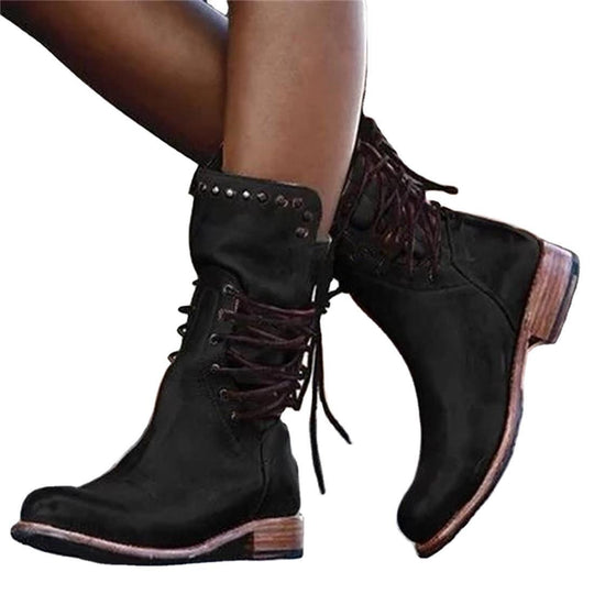 Damen nan robuste Worker-Boots mit dekorativer Wickelschnürung, Metallösen und profilierter Gummilaufsohle EB