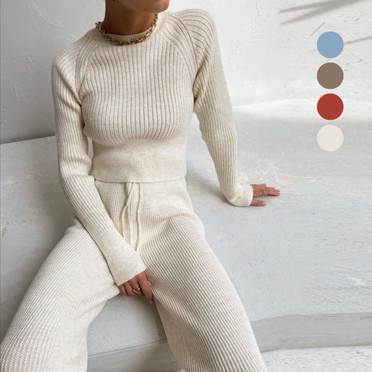 Damen Rippstrickanzug mit weitem Bein und hohem Schnitt EB
