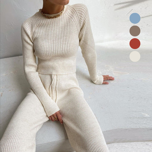Damen Rippstrickanzug mit weitem Bein und hohem Schnitt EB