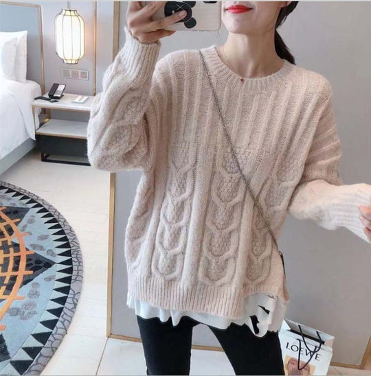 Damen Grobstrickpullover mit Zopfstrickmuster und lässigem Schnitt EB