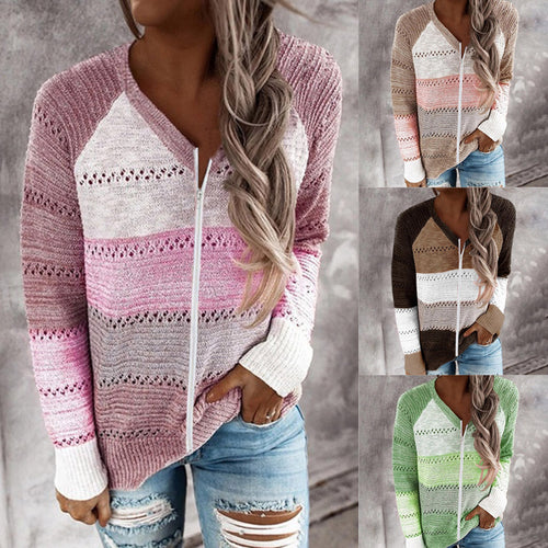 Damen Strickjacke mit Reißverschluss und lochmuster EB