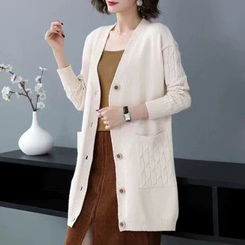 EB | Cardigan-Pullover Wollstrick Lockere Passform Kabelärmeln Mittellang Knopffront